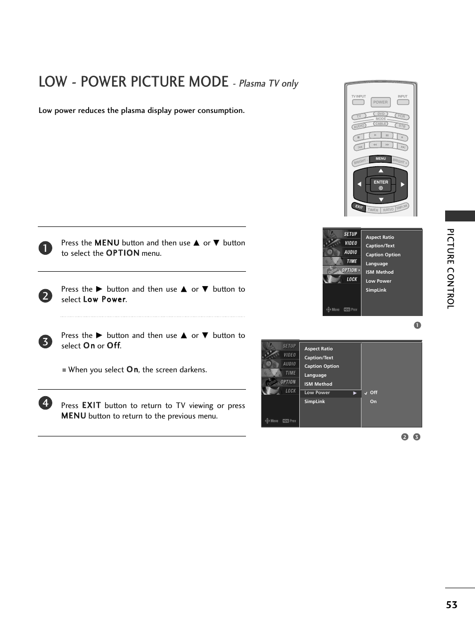 Low - power picture mode - plasma tv only, Low - power picture mode, Plasma tv only | Picture contr ol | LG 50PC5D-UC User Manual | Page 55 / 94