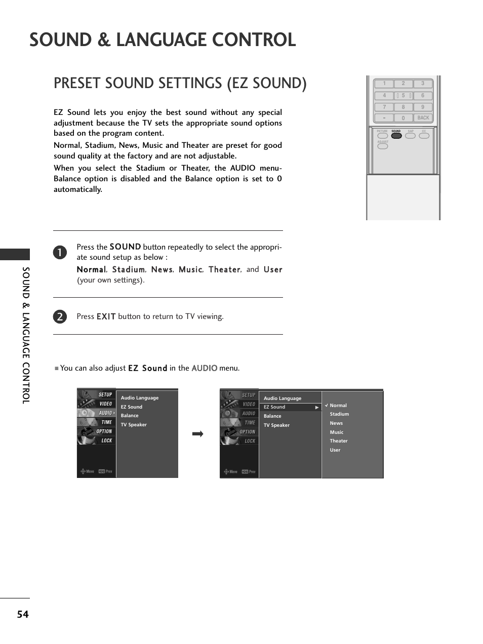 Sound & language control, Preset sound settings (ez sound), Sound & langu a ge contr ol | LG 50PC5D-UC User Manual | Page 56 / 94
