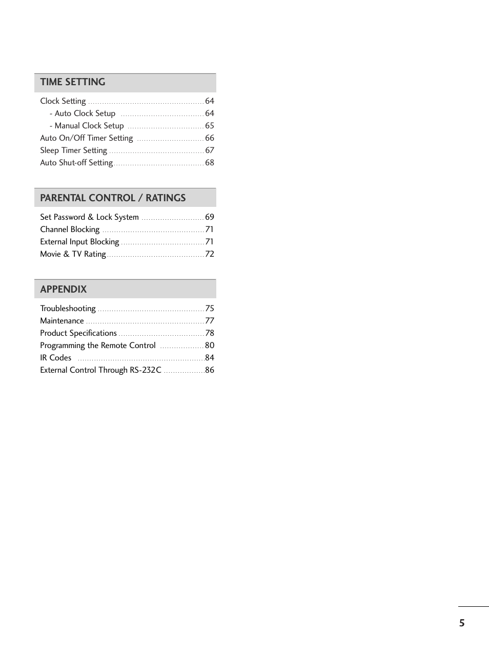 5time setting, Parental control / ratings, Appendix | LG 50PC5D-UC User Manual | Page 7 / 94