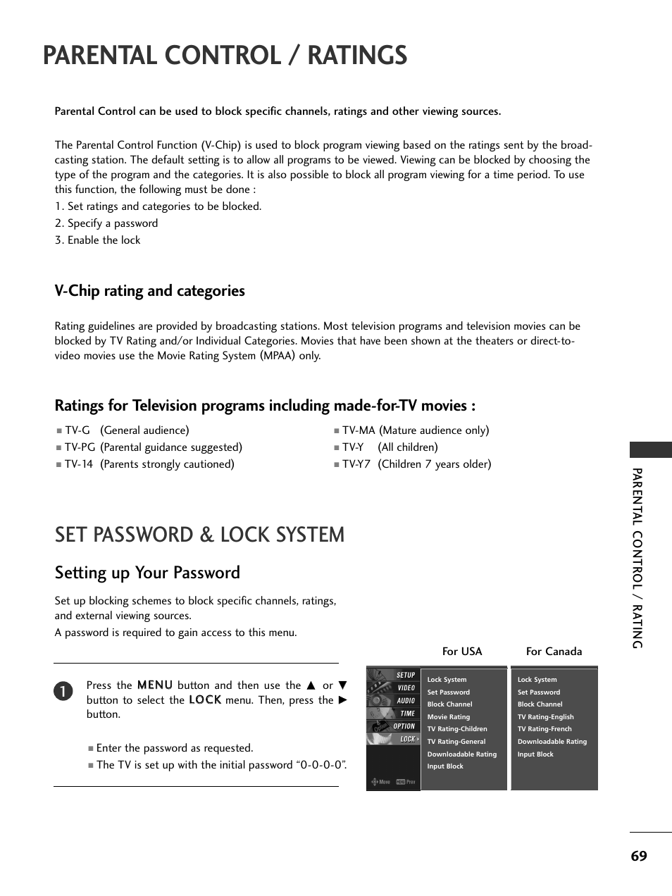 Parental control / ratings, Set password & lock system, Setting up your password | V-chip rating and categories, Parent al contr ol / r ating | LG 50PC5D-UC User Manual | Page 71 / 94