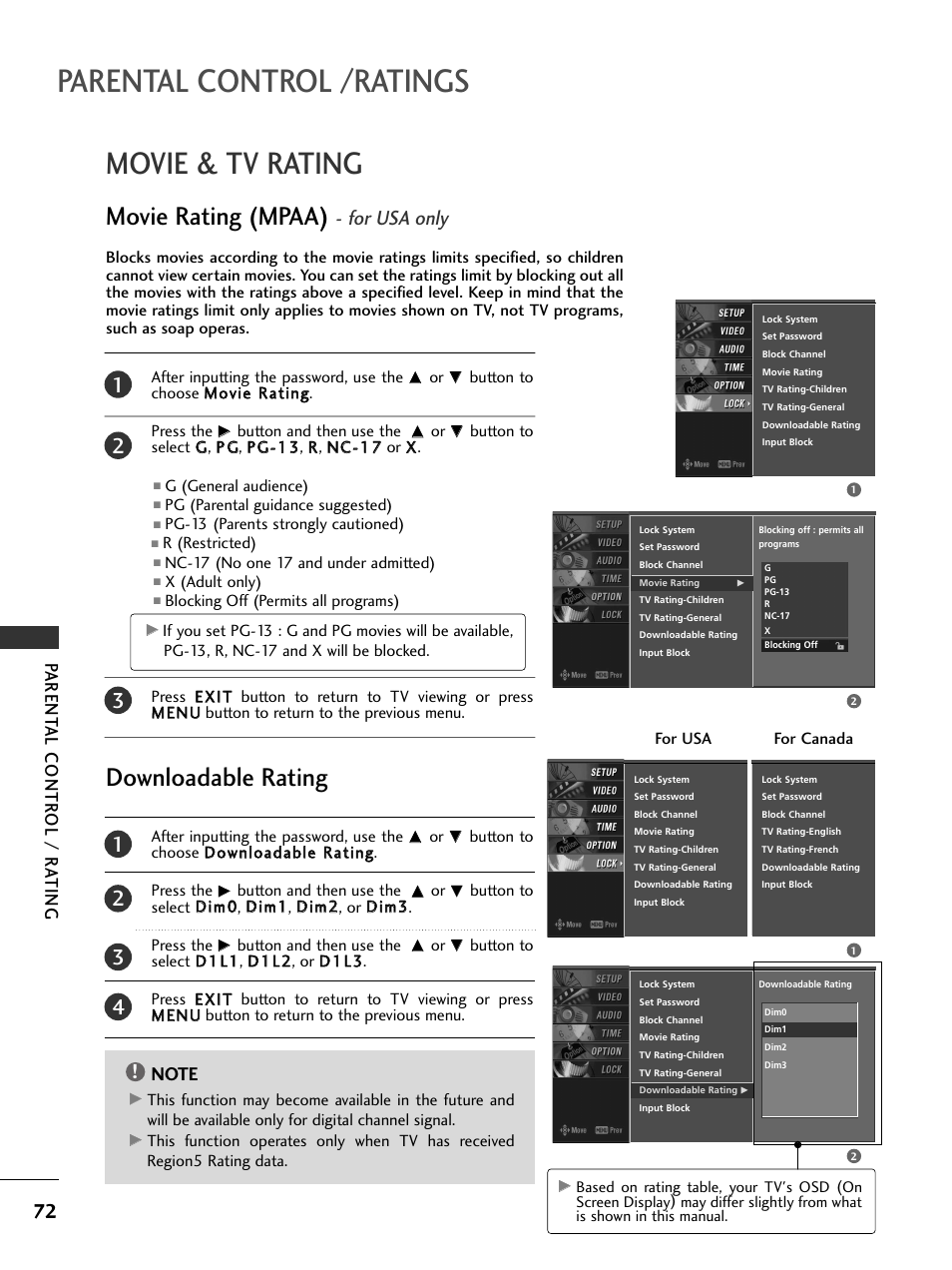 Movie & tv rating, Movie rating (mpaa) - for usa only, Downloadable rating | Parental control /ratings, Movie rating (mpaa), For usa only, Parent al contr ol / r ating | LG 50PC5D-UC User Manual | Page 74 / 94