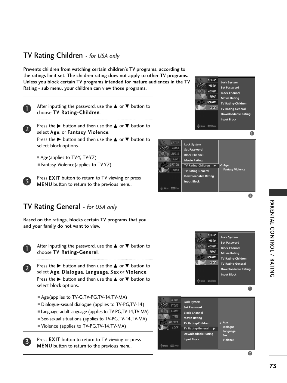 Tv rating children - for usa only, Tv rating general - for usa only, Tv rating children | Tv rating general, For usa only, Parent al contr ol / r ating | LG 50PC5D-UC User Manual | Page 75 / 94