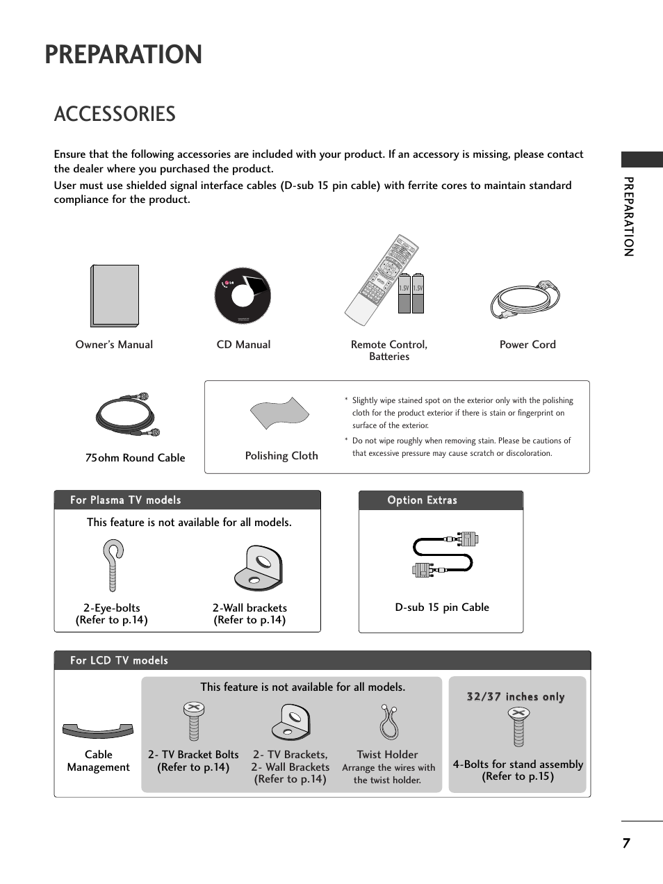 Preparation, Accessories, Prep ar at ion | LG 50PC5D-UC User Manual | Page 9 / 94