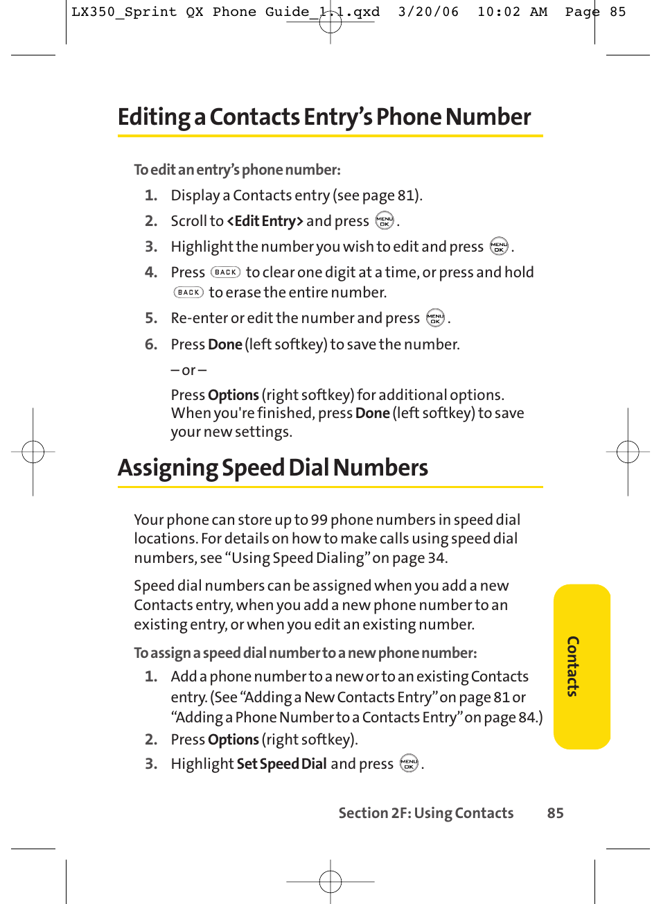 Editing a contacts entry’s phone number, Assigning speed dial numbers | LG LGLX350 User Manual | Page 100 / 219