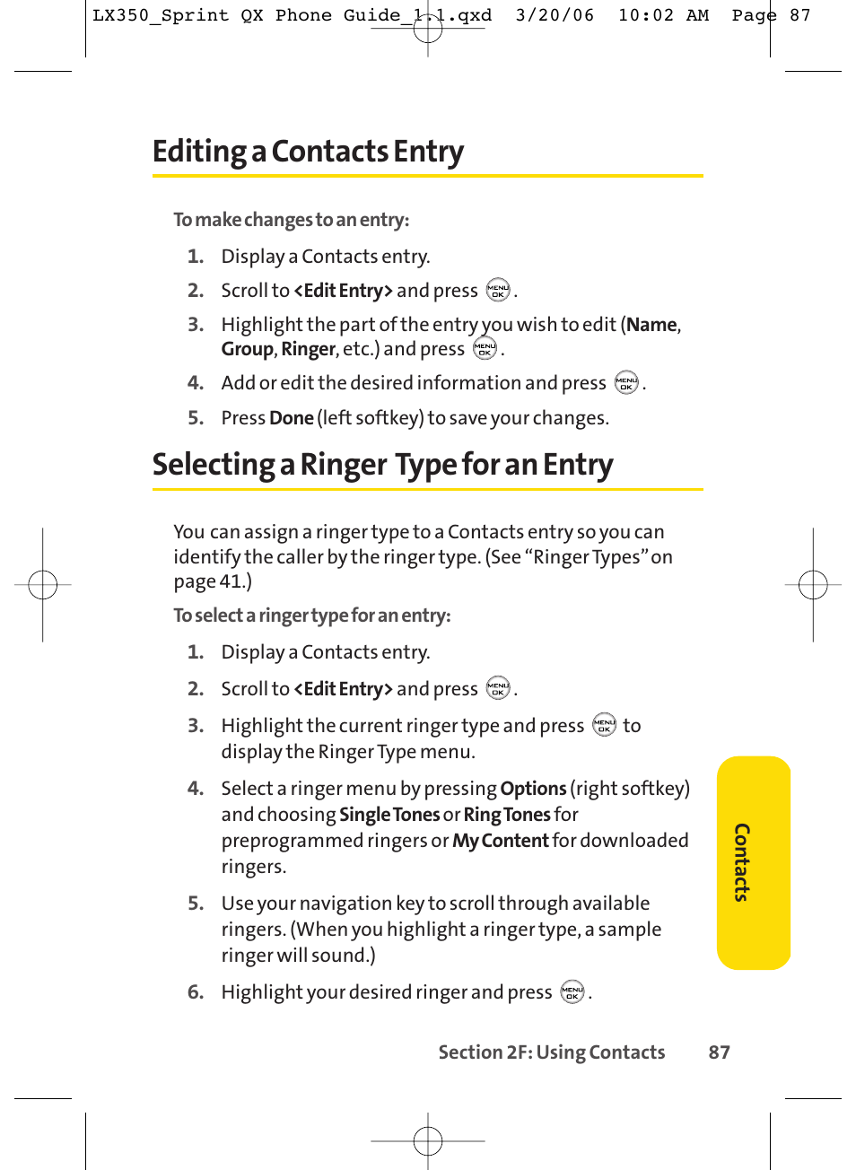 Editing a contacts entry, Selecting a ringer type for an entry | LG LGLX350 User Manual | Page 102 / 219