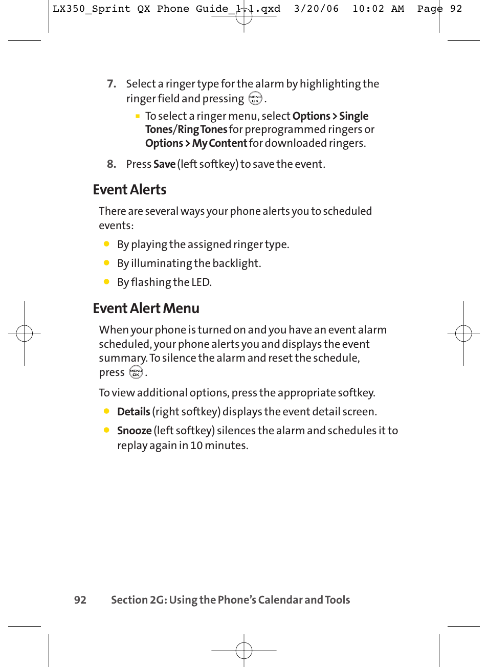 Event alerts, Event alert menu | LG LGLX350 User Manual | Page 107 / 219