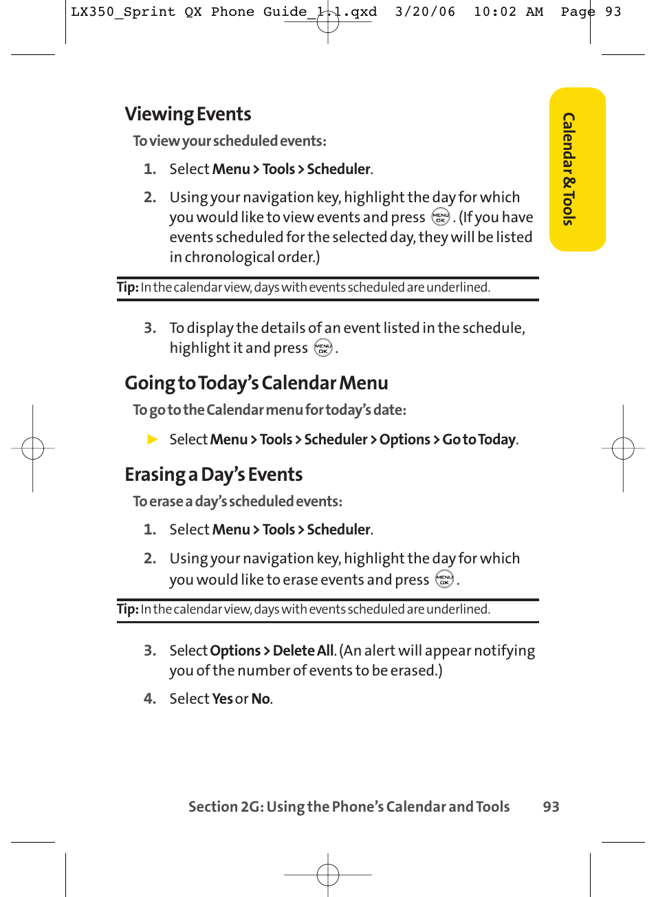 Viewing events, Going to today’s calendar menu, Erasing a day’s events | LG LGLX350 User Manual | Page 108 / 219