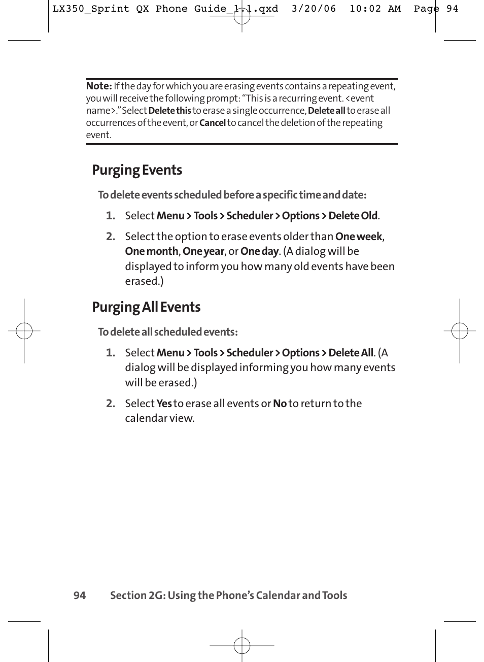 Purging events, Purging all events | LG LGLX350 User Manual | Page 109 / 219