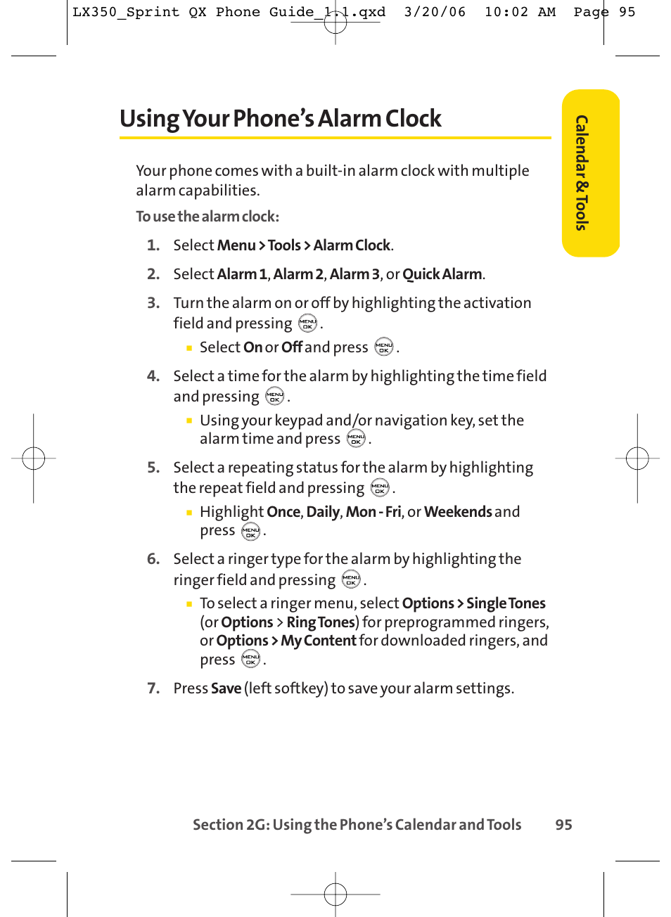 Using your phone’s alarm clock | LG LGLX350 User Manual | Page 110 / 219