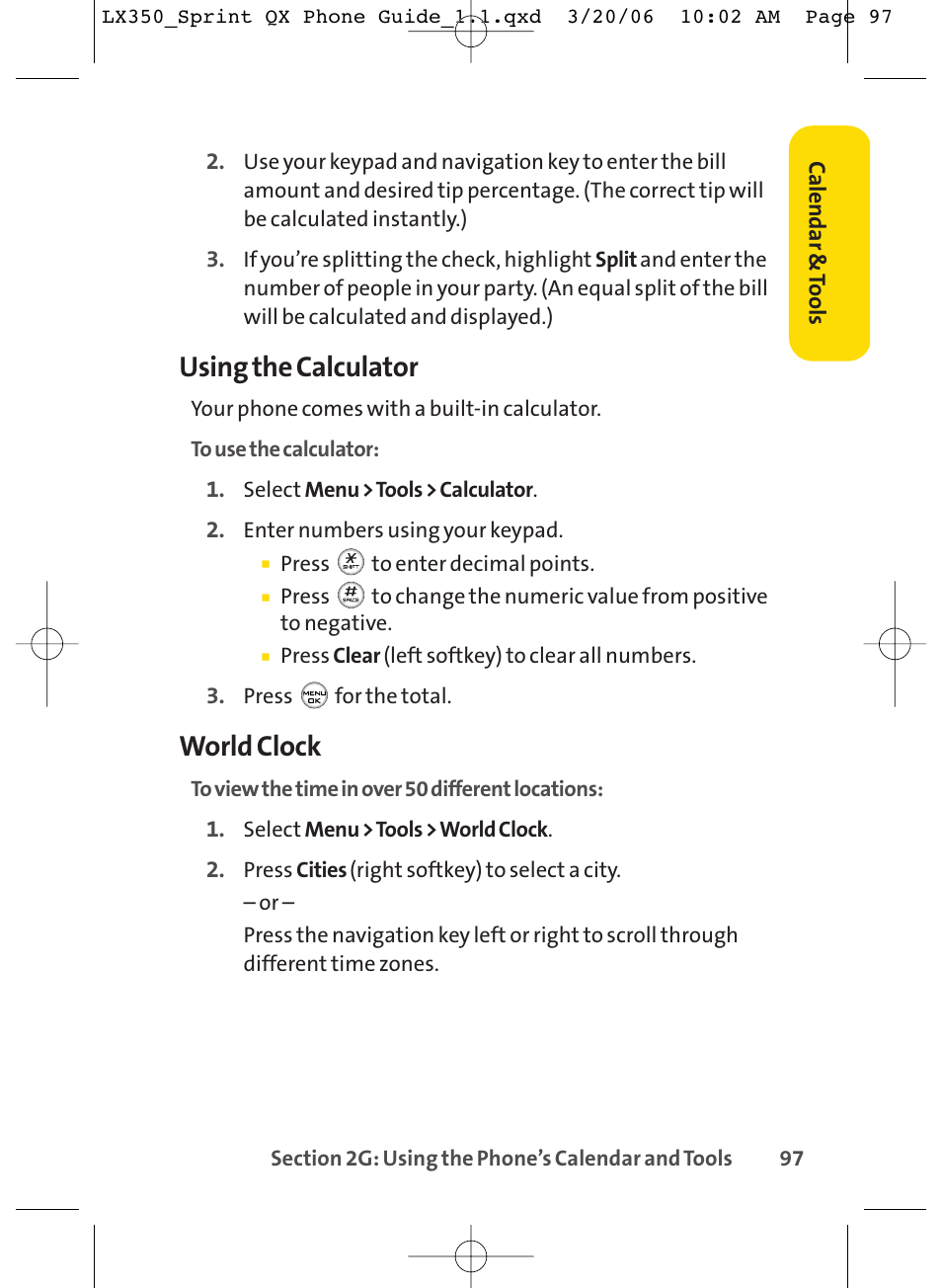 Using the calculator, World clock | LG LGLX350 User Manual | Page 112 / 219