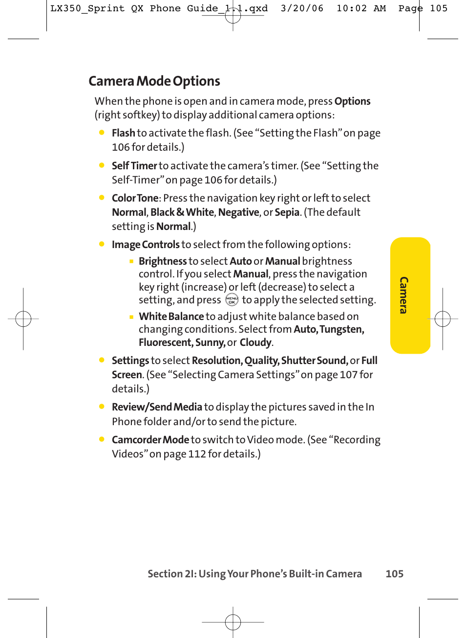 Camera mode options, Ca m er a | LG LGLX350 User Manual | Page 120 / 219