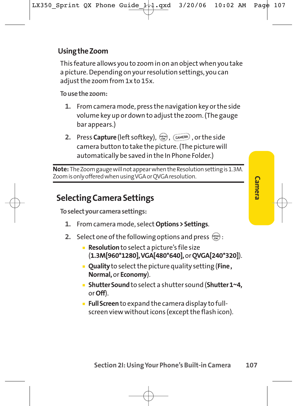 Selecting camera settings, Using the zoom | LG LGLX350 User Manual | Page 122 / 219