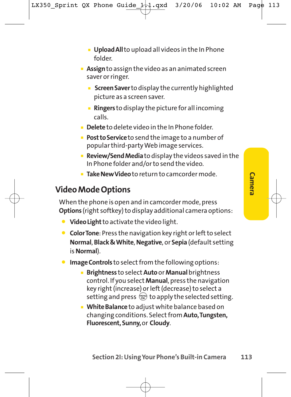 Video mode options, Ca m er a | LG LGLX350 User Manual | Page 128 / 219