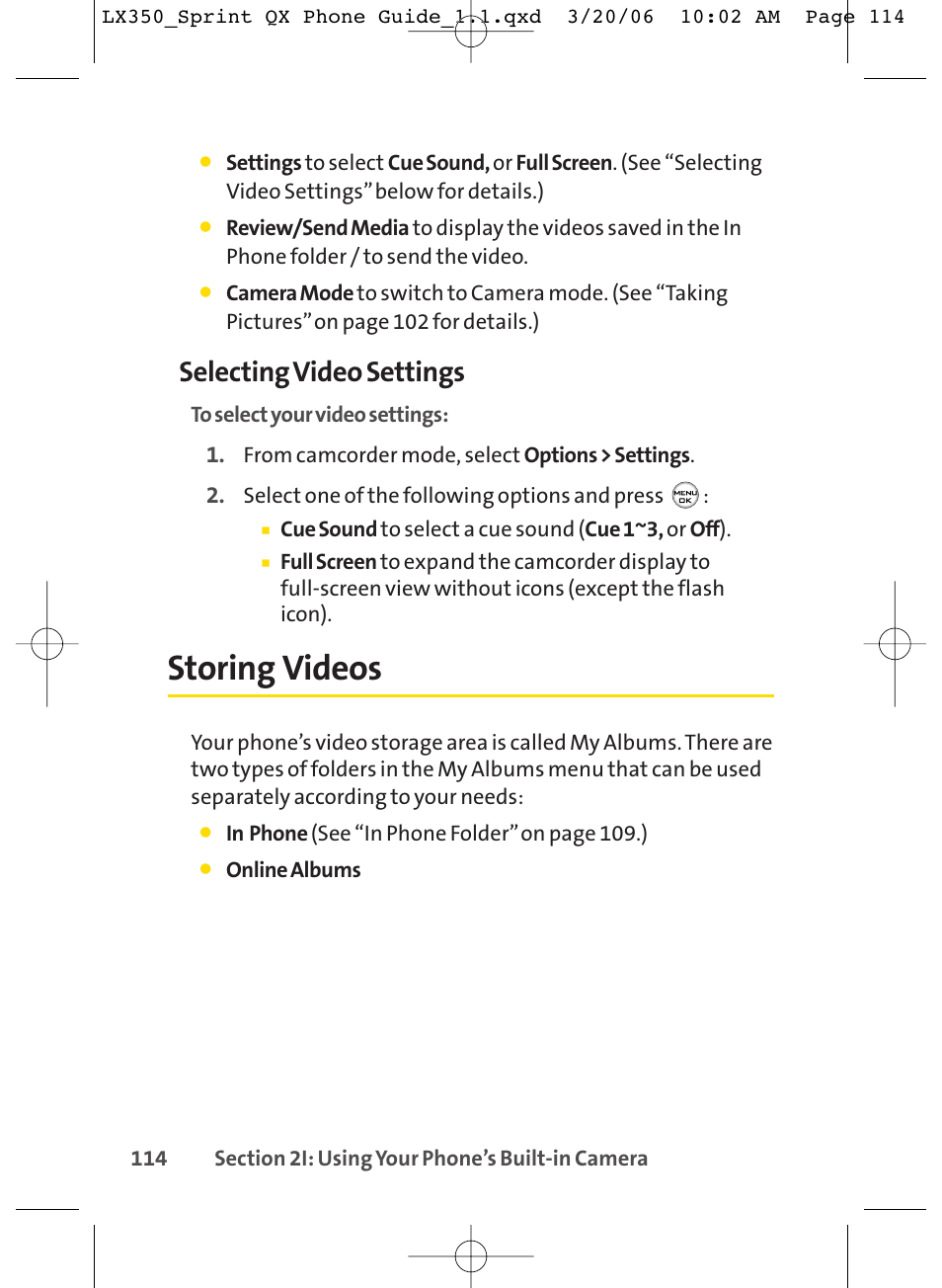 Storing videos, Selecting video settings | LG LGLX350 User Manual | Page 129 / 219