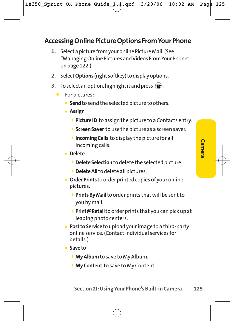 Accessing online picture options from your phone, Ca m er a | LG LGLX350 User Manual | Page 140 / 219