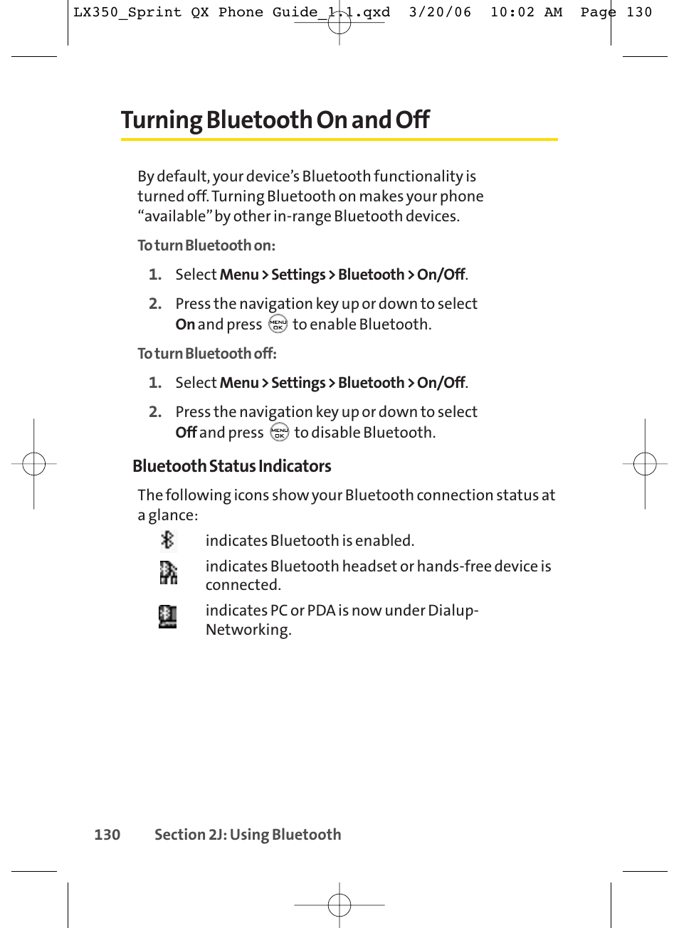 Turning bluetooth on and off | LG LGLX350 User Manual | Page 145 / 219