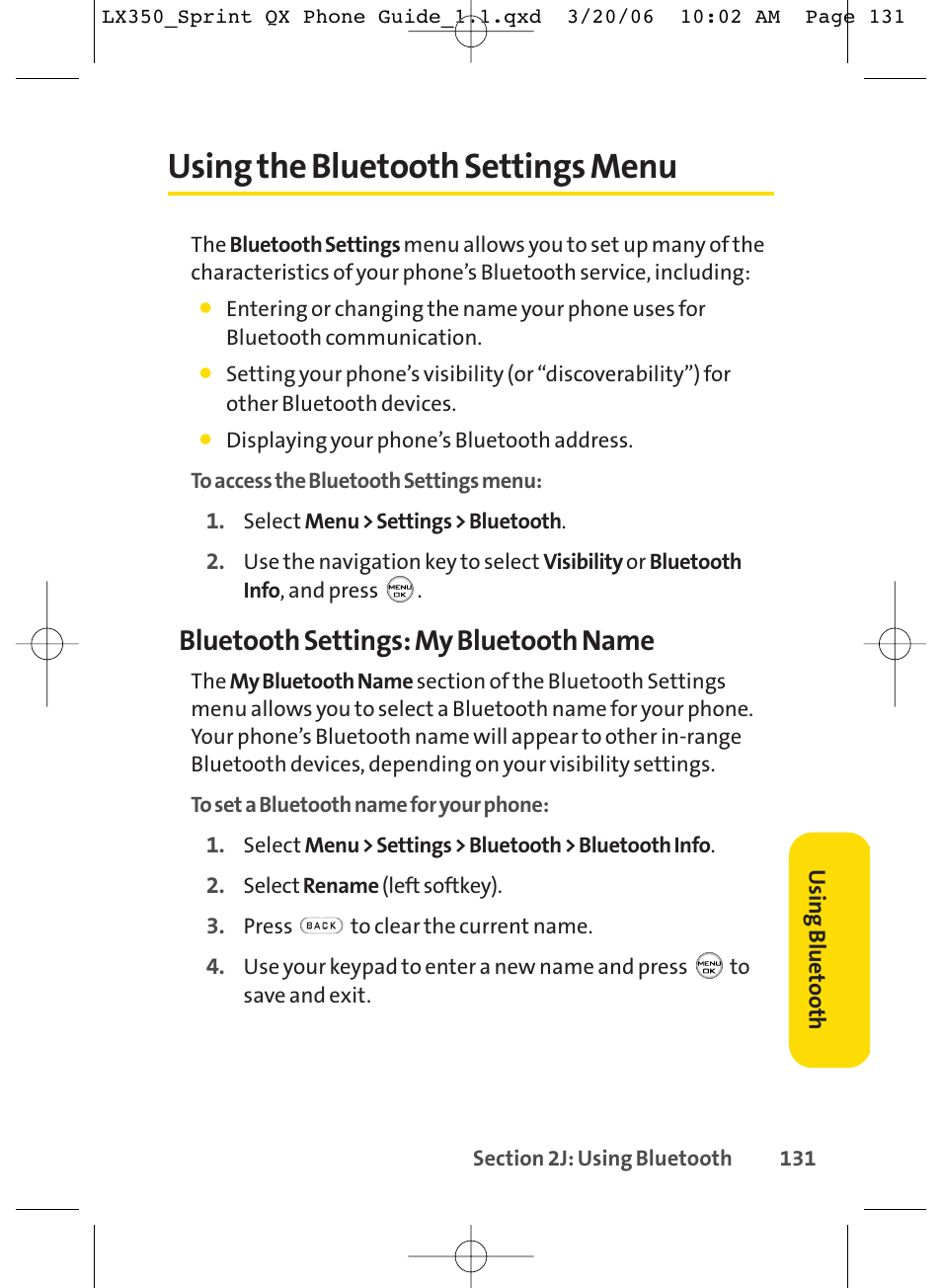 Using the bluetooth settings menu, Bluetooth settings: my bluetooth name | LG LGLX350 User Manual | Page 146 / 219