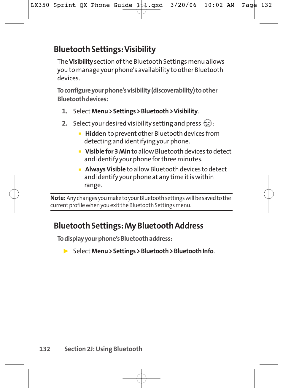 Bluetooth settings: visibility, Bluetooth settings: my bluetooth address | LG LGLX350 User Manual | Page 147 / 219