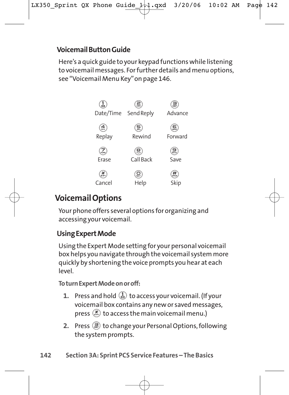 Voicemail options, Voicemail button guide, Using expert mode | LG LGLX350 User Manual | Page 157 / 219