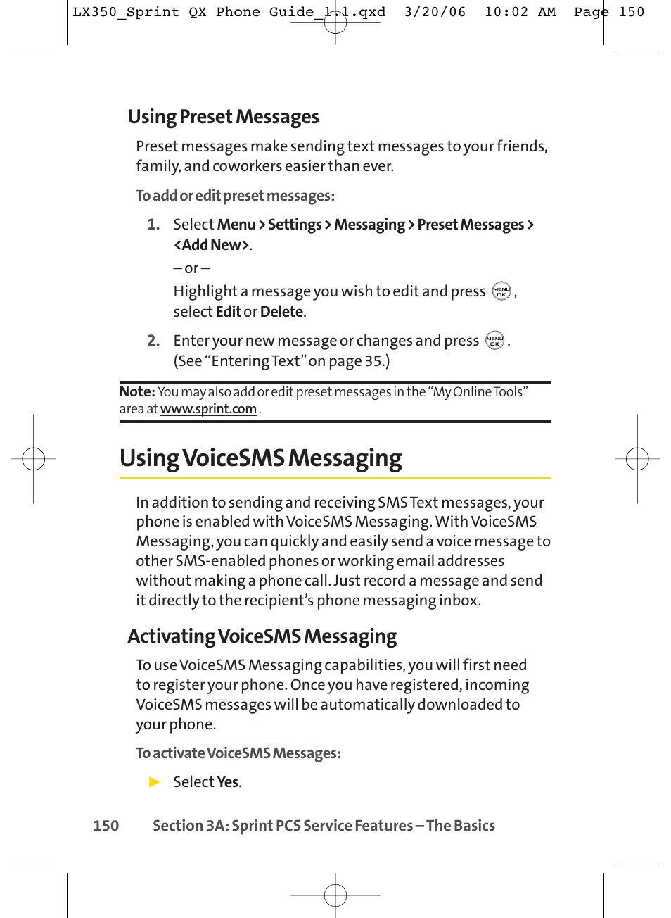 Using voicesms messaging, Using preset messages, Activating voicesms messaging | LG LGLX350 User Manual | Page 165 / 219