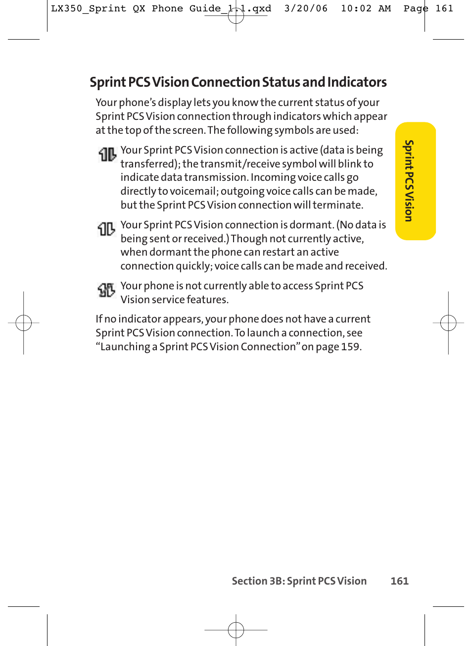 Sprint pcs vision connection status and indicators | LG LGLX350 User Manual | Page 176 / 219