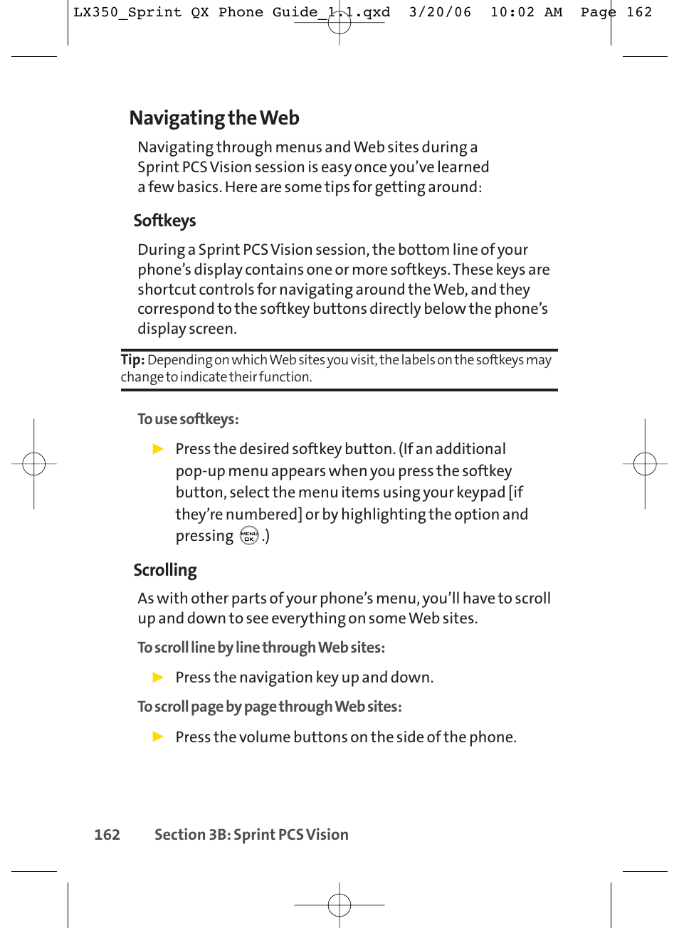 Navigating the web, Softkeys, Scrolling | LG LGLX350 User Manual | Page 177 / 219