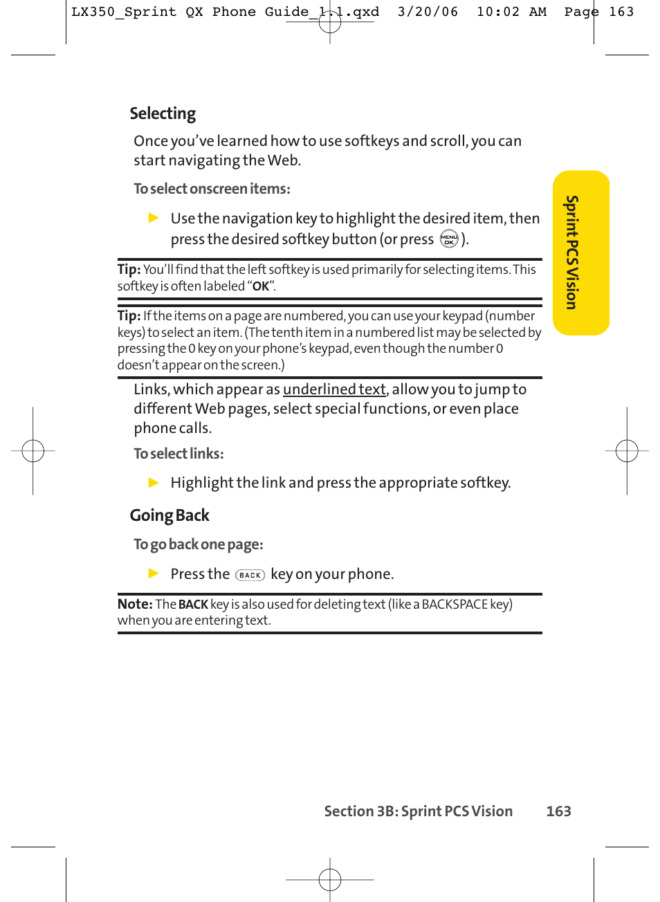 Selecting, Going back | LG LGLX350 User Manual | Page 178 / 219