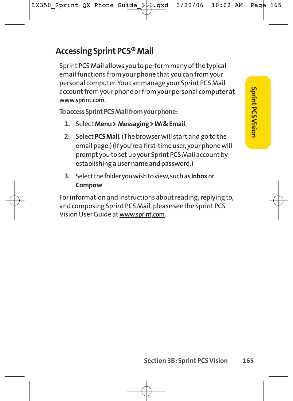 Accessing sprint pcs® mail | LG LGLX350 User Manual | Page 180 / 219