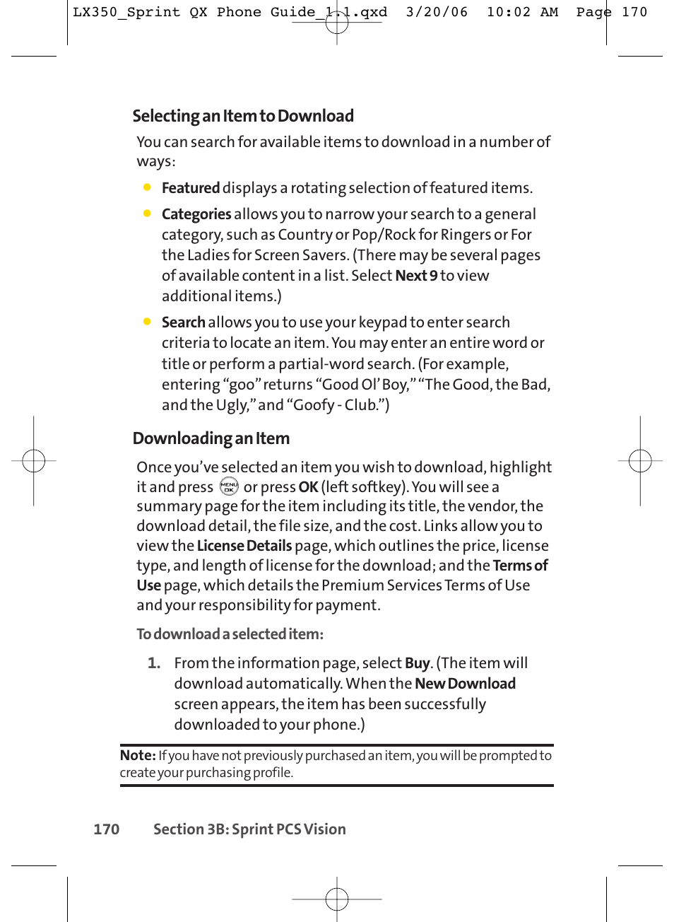 Selecting an item to download, Downloading an item | LG LGLX350 User Manual | Page 185 / 219