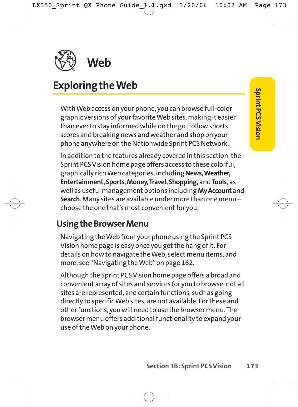 Exploring the web, Using the browser menu | LG LGLX350 User Manual | Page 188 / 219