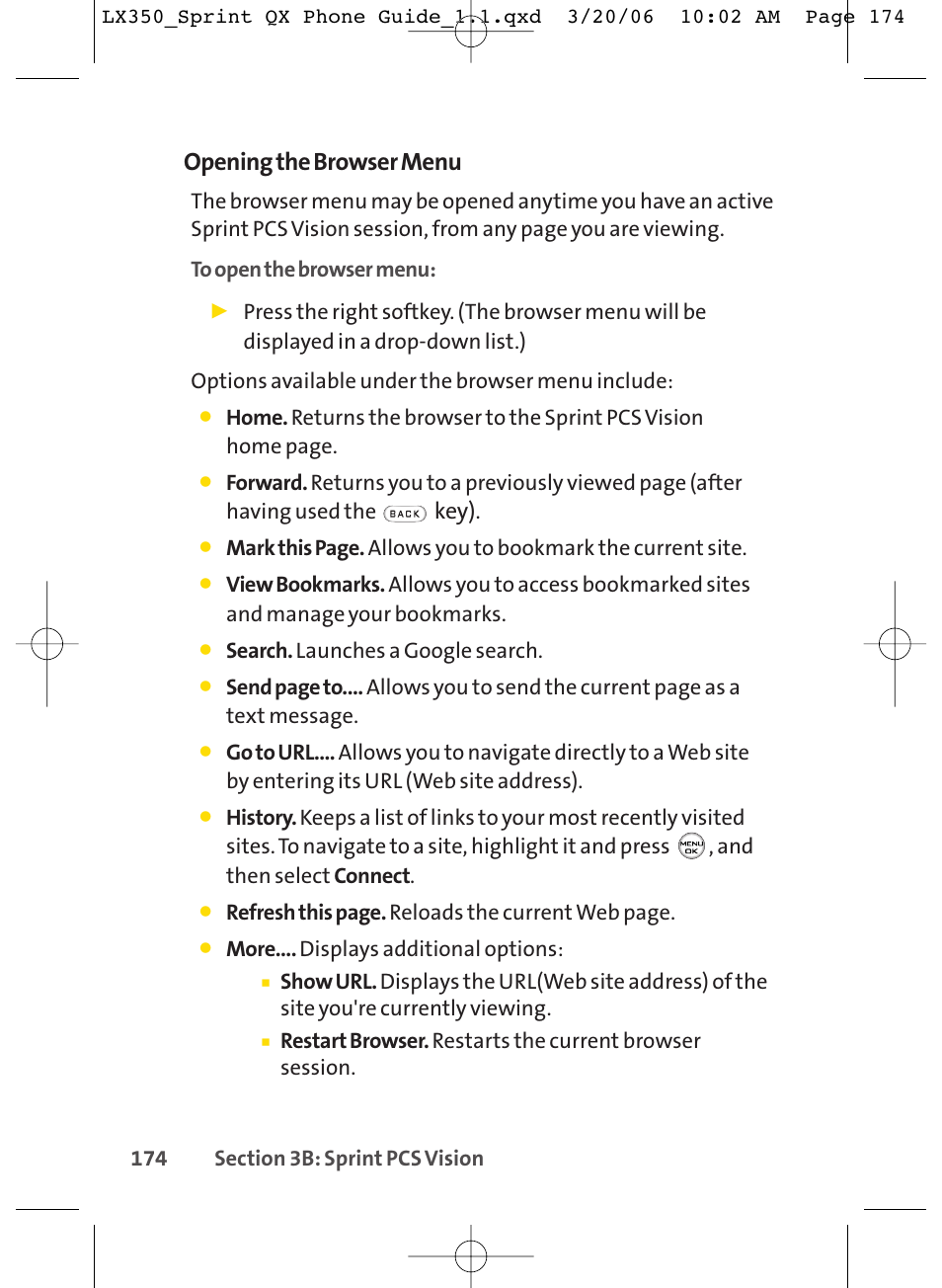 Opening the browser menu, Key) | LG LGLX350 User Manual | Page 189 / 219