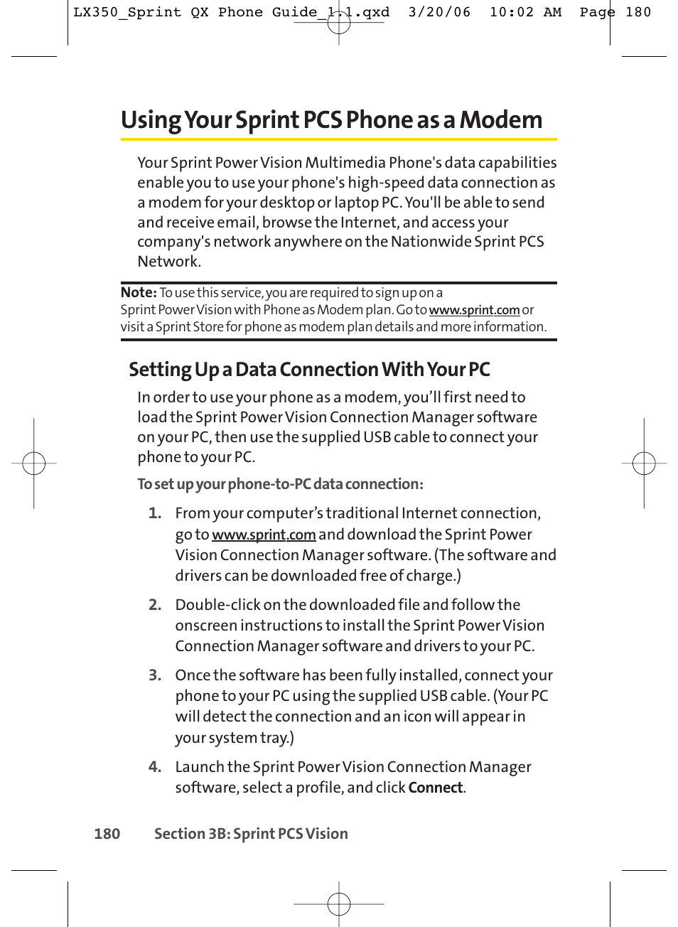 Using your sprint pcs phone as a modem, Setting up a data connection with your pc | LG LGLX350 User Manual | Page 195 / 219
