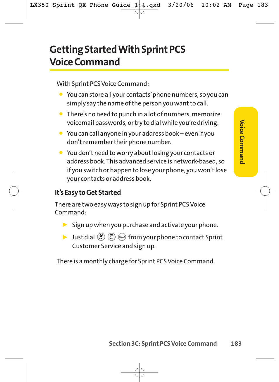 Getting started with sprint pcs voice command, It’s easy to get started | LG LGLX350 User Manual | Page 198 / 219