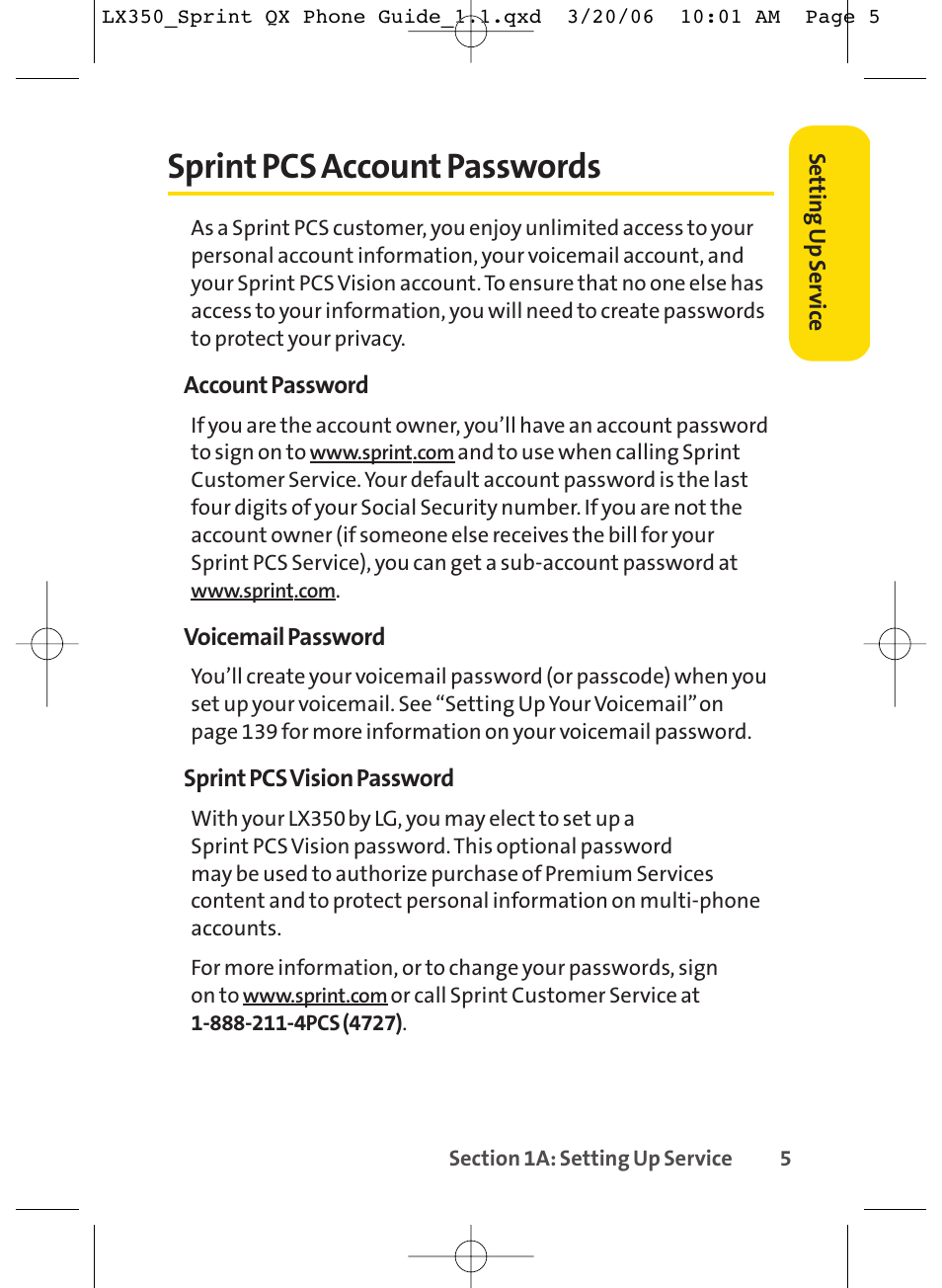 Sprint pcs account passwords | LG LGLX350 User Manual | Page 20 / 219