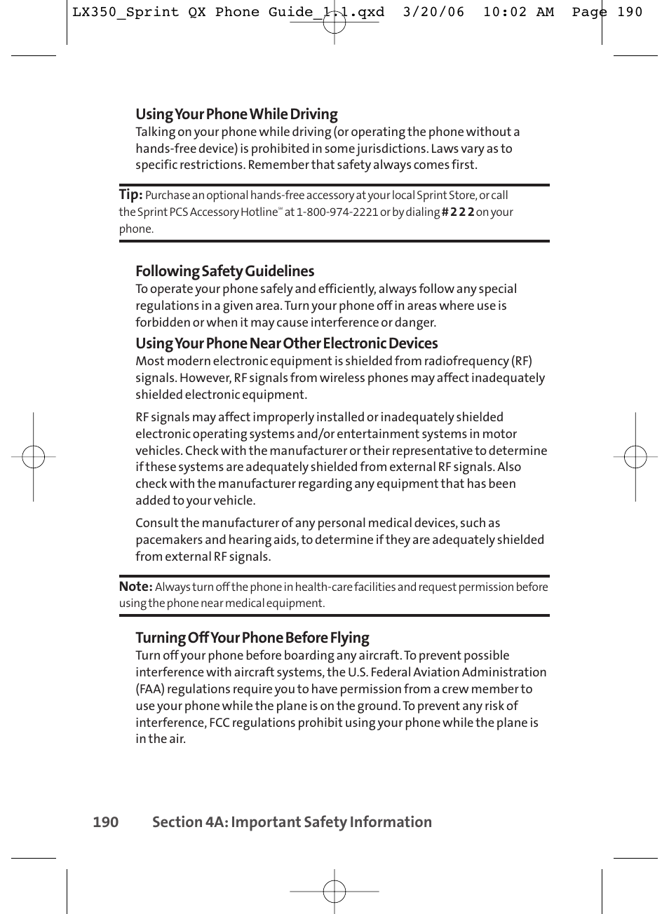 Following safety guidelines, Using your phone near other electronic devices, Turning off your phone before flying | LG LGLX350 User Manual | Page 205 / 219