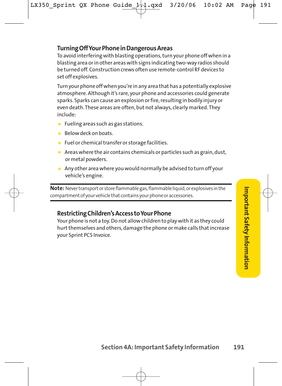 Restricting children’s access to your phone, Impor tan t saf ety inf orma tion | LG LGLX350 User Manual | Page 206 / 219