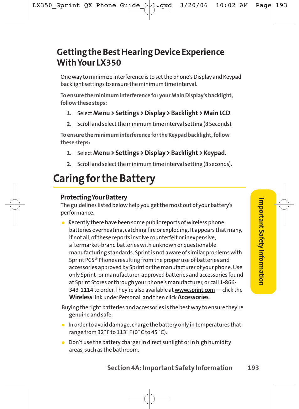 Caring for the battery | LG LGLX350 User Manual | Page 208 / 219