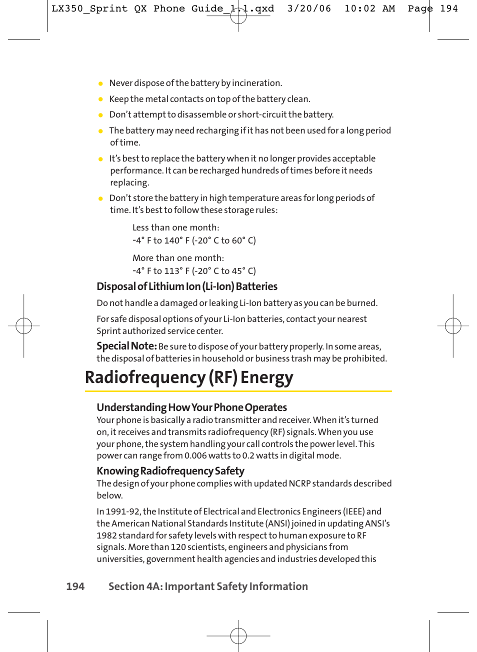 Radiofrequency (rf) energy, Disposal of lithium ion (li-ion) batteries, Understanding how your phone operates | Knowing radiofrequency safety | LG LGLX350 User Manual | Page 209 / 219