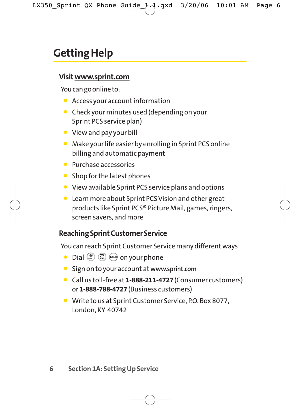 Getting help, Reaching sprint customer service | LG LGLX350 User Manual | Page 21 / 219