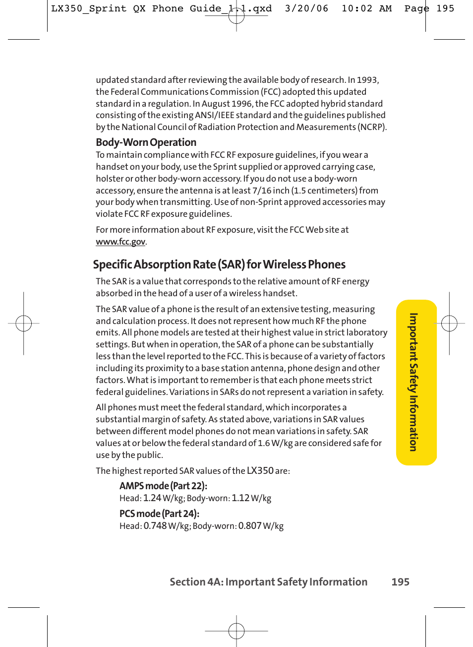 Specific absorption rate (sar) for wireless phones | LG LGLX350 User Manual | Page 210 / 219