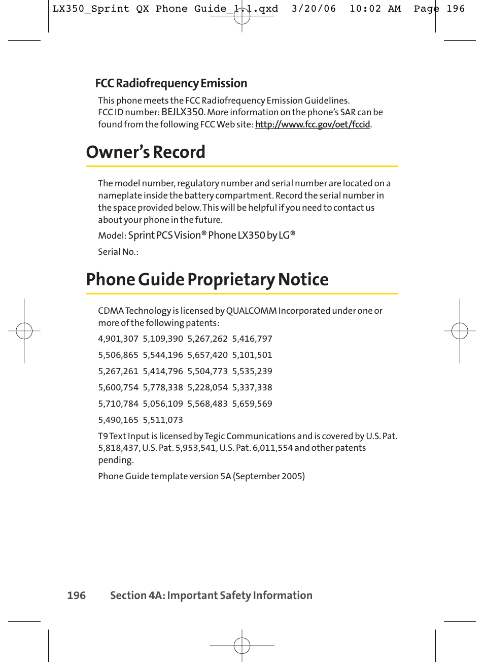 Owner’s record, Phone guide proprietary notice, Fcc radiofrequency emission | LG LGLX350 User Manual | Page 211 / 219