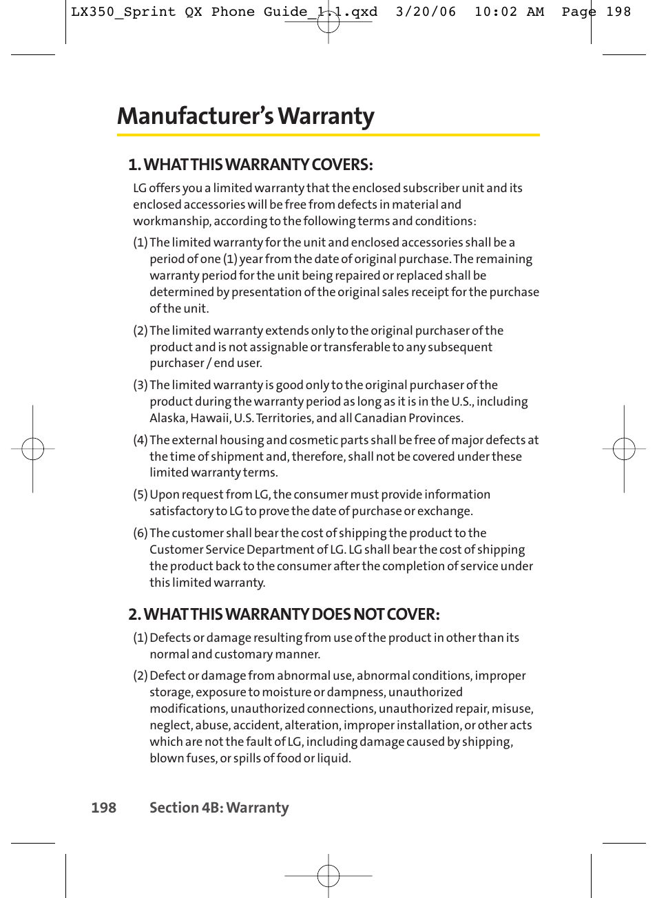 Manufacturer’s warranty, What this warranty covers, What this warranty does not cover | LG LGLX350 User Manual | Page 213 / 219