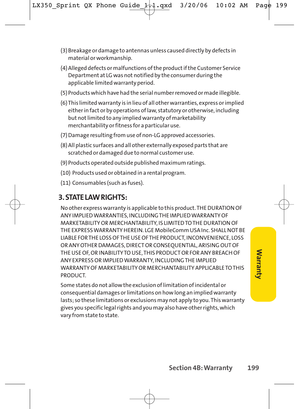 State law rights, Warr an ty | LG LGLX350 User Manual | Page 214 / 219