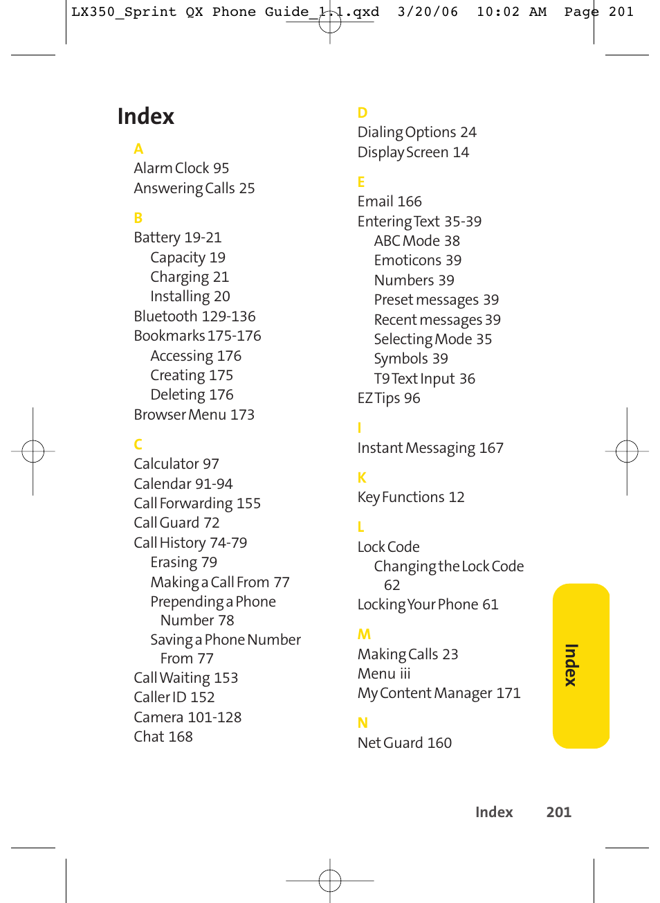 Index, Inde x | LG LGLX350 User Manual | Page 216 / 219