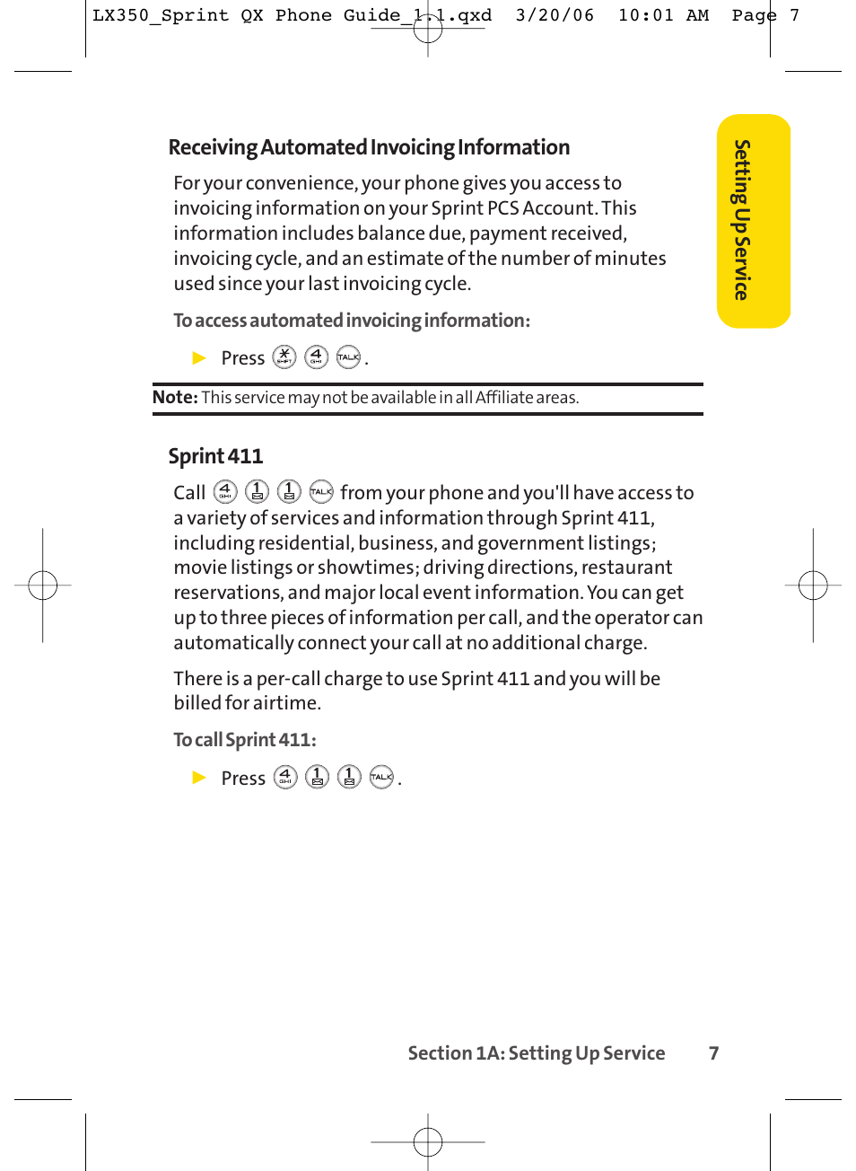 Receiving automated invoicing information, Sprint 411 | LG LGLX350 User Manual | Page 22 / 219