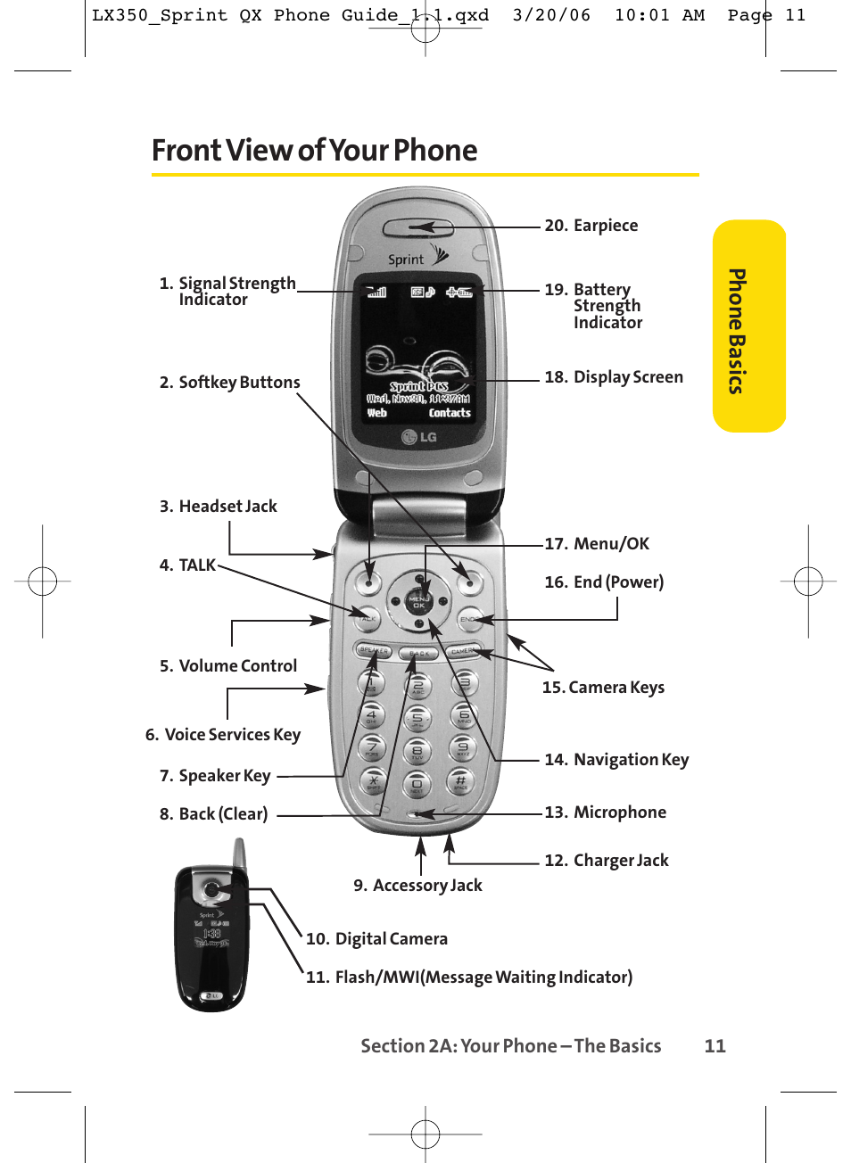 Front view of your phone, Phone basics | LG LGLX350 User Manual | Page 26 / 219
