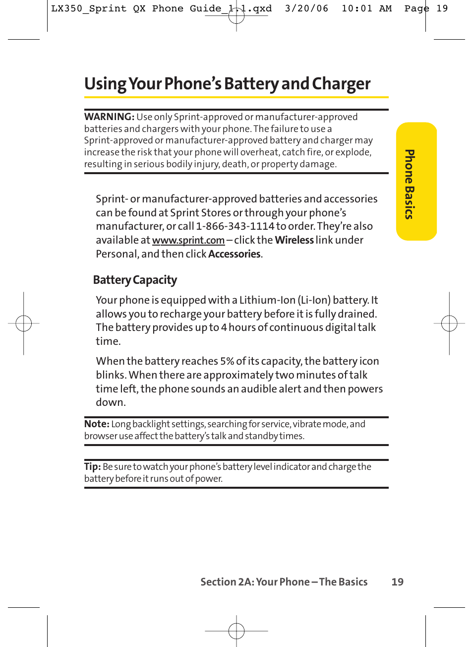 Using your phone’s battery and charger, Phone basics | LG LGLX350 User Manual | Page 34 / 219