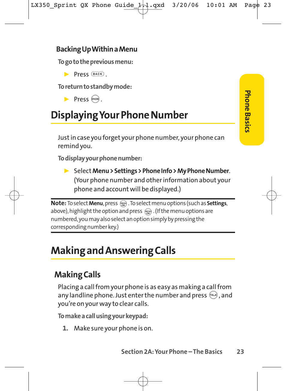 Displayingyour phone number, Making and answering calls, Making calls | Phone basics | LG LGLX350 User Manual | Page 38 / 219