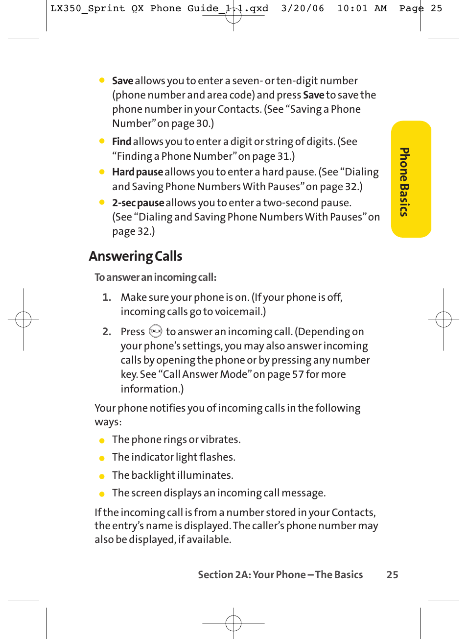 Answering calls, Phone basics | LG LGLX350 User Manual | Page 40 / 219