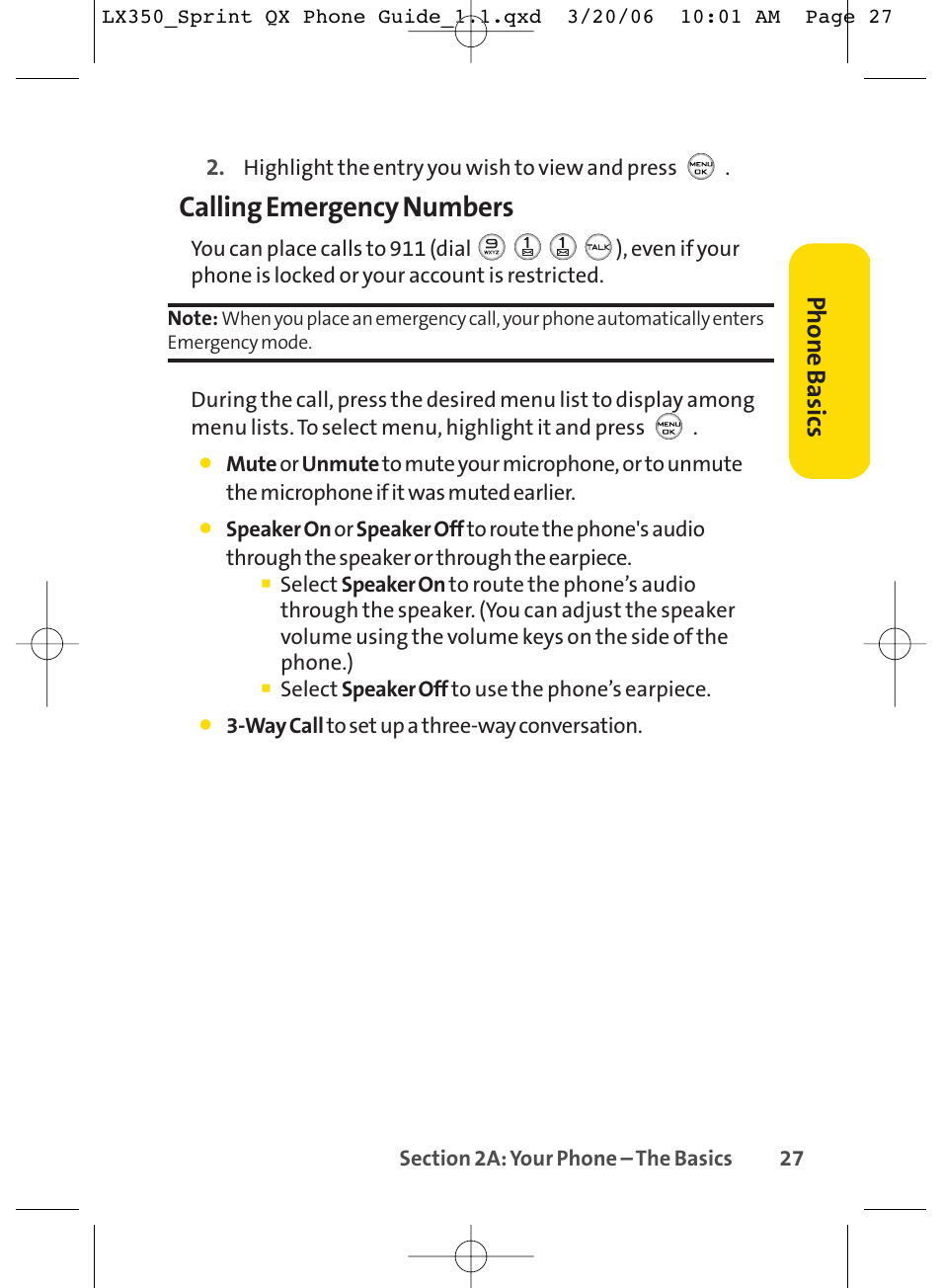 Calling emergency numbers, Phone basics | LG LGLX350 User Manual | Page 42 / 219